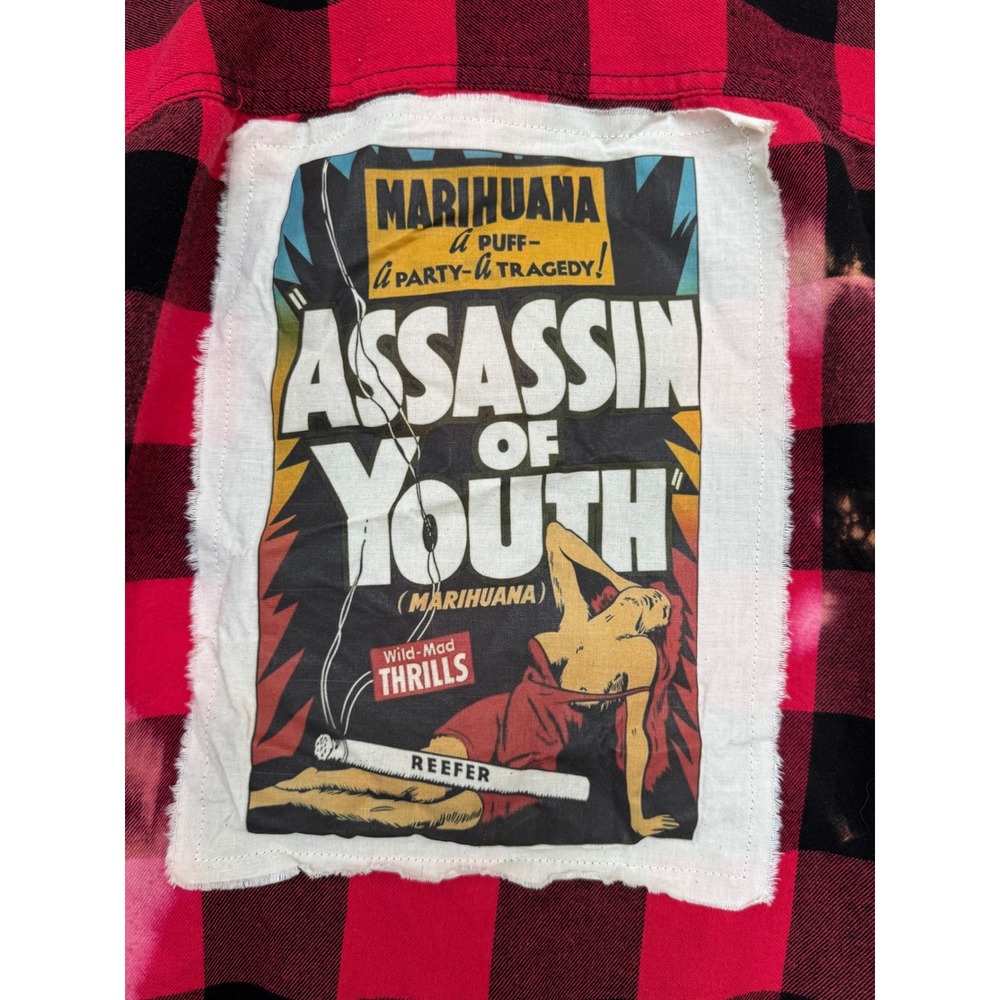 Upcycled Red Buffalo Plaid Flannel Large Cannabis Patch Shirt